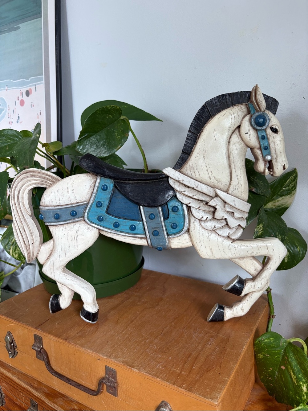 Vintage Decorative White and Blue Carousel Horse Wall Art